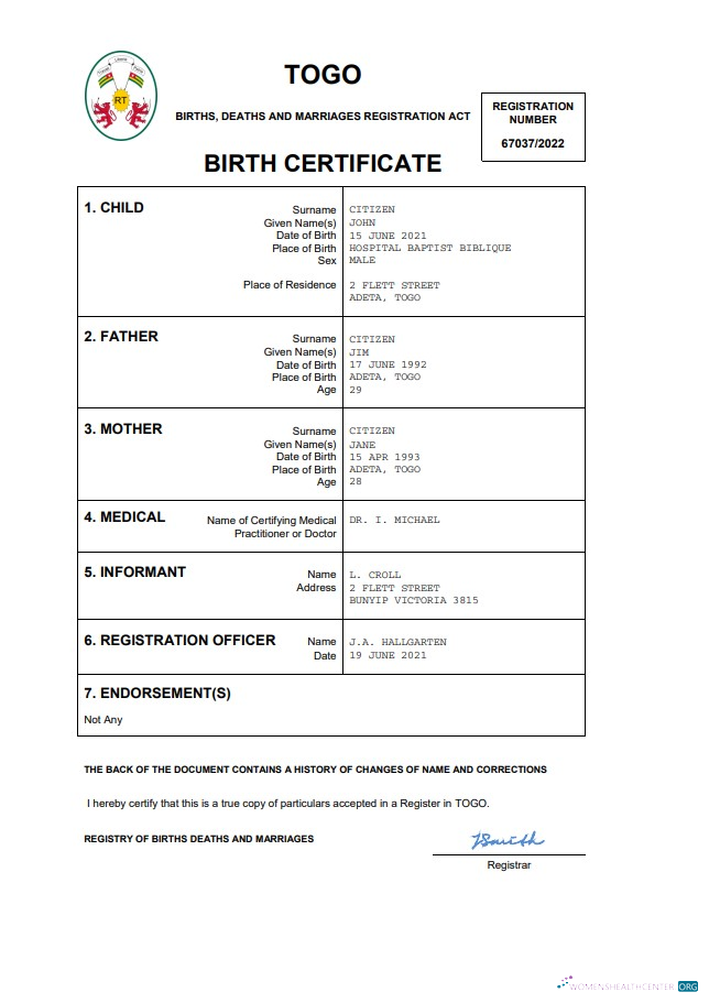 Download Togo vital record birth certificate Word and PDF template Photoshop template
